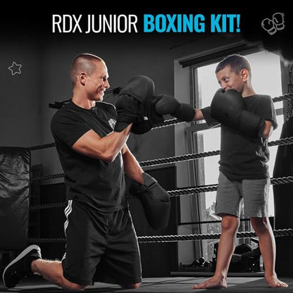 RDX Kids Boxing Pads and Gloves Set, Maya Hide Leather Kara Junior Hook and Jab Curved Focus Mitts Punching Gloves for MMA - color: BLACK