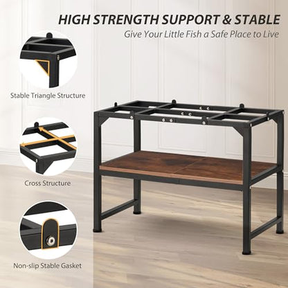 10-20 Gallon Fish Tank Stand, Metal Aquarium Stand with Adjustable Non-Slip Foot and Wooden Shelf, Reptile Tank Stand Easy to Assemble for Home Office, Firm and Steady(Tank not Included) - color: BLACK-01