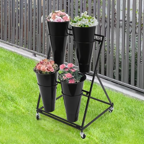 Flower Display Stand with 4 Buckets, 2 Layers, Cut Flowers Shelf Display Holder for Outdoor, Indoor, Patio, Garden, Living Room, Florist, Black - style: 2 Layers 4 Buckets Black