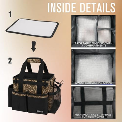 Compact Wearable Cleaning Caddy, Small Cleaning Supplies Organizer with Handle & Shoulder Straps for Housekeepers, under Sink & Car Cleaning Tool Organizers Bag (Leopard) - color: Leopard