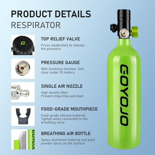 GOYOJO Mini Scuba Tank, Portable Diving Lung Air Tank with DOT Certified, Refillable Emergency Backup Pony Bottle for Snorkeling, Underwater Breathing, Training - color: 1L Obsidian Green