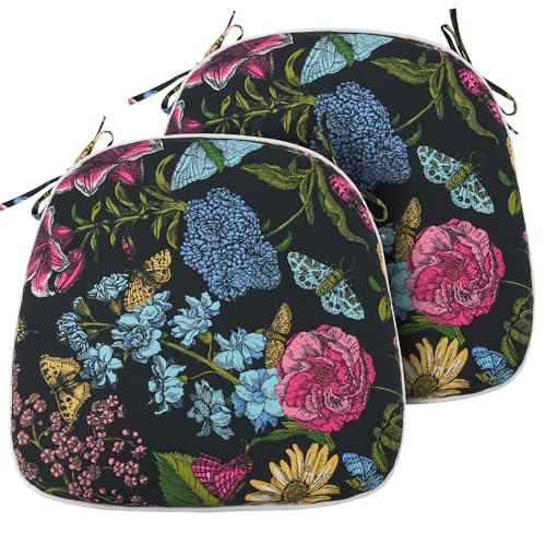 FUNHOME 17"x16"x2" Outdoor Chair Cushions Set of 2, Water Resistant Patio Chair Pads with Ties, Seat Cushions for Home Garden Furniture Decoration-Black Flower Butterfly - color: Black Flower Butterfly, size: Set of 2