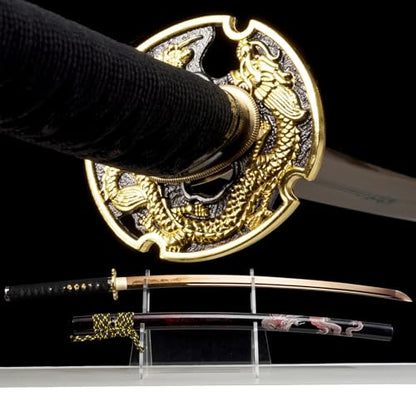 OYZ Real Katana Japanese Samurai Sword, Unique Gift for Men Full Tang Clay Tempered t10 Steel Blade, Spring Steel Memorable for Martial Arts Enthusiasts or Collectors. - style: Golden Dragon themes