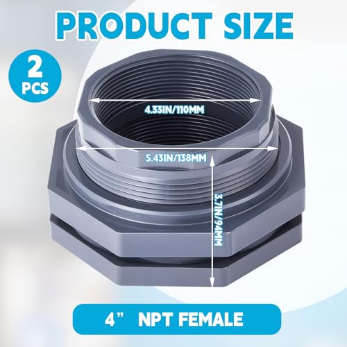 2 Pcs 4 Inch Bulkhead Fitting PVC Water Tank Connector Plumbing Pipe Threaded Bulkhead Fitting NPT for Rain Barrels, Water Tanks, Aquariums, Tubs, Pools - size: 4 Inch