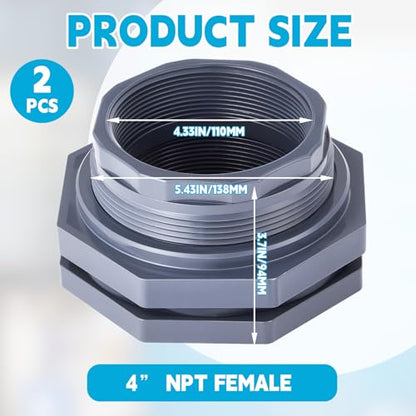 2 Pcs 4 Inch Bulkhead Fitting PVC Water Tank Connector Plumbing Pipe Threaded Bulkhead Fitting NPT for Rain Barrels, Water Tanks, Aquariums, Tubs, Pools - size: 4 Inch