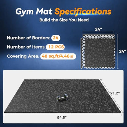SUPERJARE 1" Extra-Thick Rubber Top Exercise Mat, Gym Flooring for Home Gym | Puzzle Gym Mat for Workout Equipment, Interlocking Floor Tiles with EVA Foam, 12 Pcs 48 Sq Ft, Black/Grey - size: 12 Tiles (48 Sq Ft)