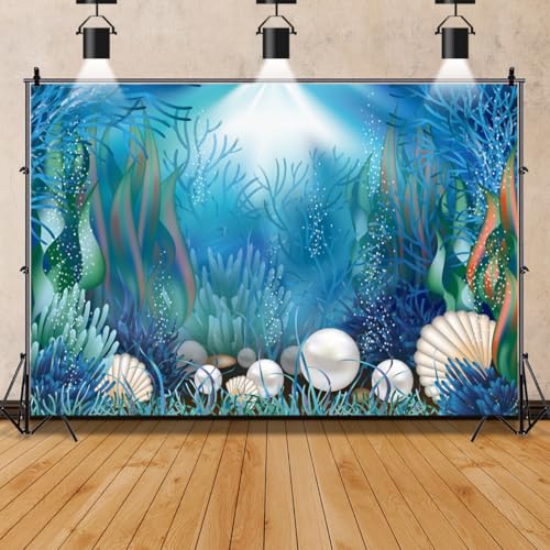 9x6ft Fairytale Undersea Pearl Shell Backdrop Deep Sea Plants Coral Pearl Mussels Underwater Mermaid's Shelter Background for Photography Happy Birthday Party Banner Baby Shower Photo Booth - size: 9x6ft