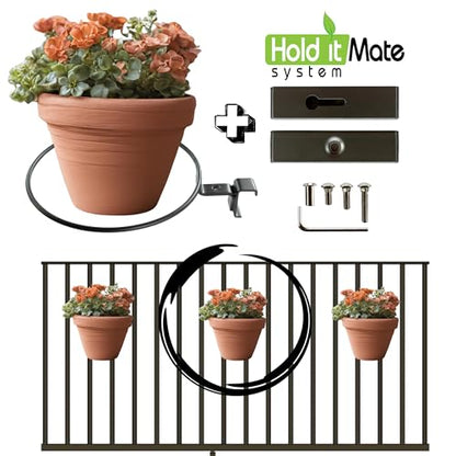 Deck Railing Plant Container Holder/Bracket Kit for Round Pot Planters (10") Connects Harmlessly to Vertical Spindled Railings - Adjustable Height - Heavy Duty Plant Hanger - size: 10"