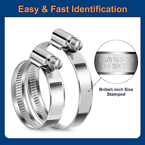 Non-Slip Stainless Steel Worm Gear Hose Clamps 5/16 to 1/2"(8-13mm) | SAE Size 4, 5/16"Hex Head, Soft Hose Protection, Adjustable for Automotive, Fuel Line, Garden, Heater, Radiator, 12Pack