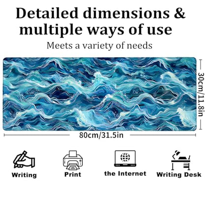Abstract Ocean Wave Gaming Mouse Pad, Large Office Desk Mat, Anti-Slip Rubber Base Mousepad for Computer Laptop Keyboard, Smooth Desk Pad for Home Office Gamer Work Accessories 31.5" x 11.8"