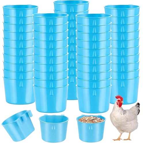 Sumind 60 Pcs Cage Cups Chicken Feeder Birds Hanging Feeders Seed Bowl 8 oz Plastic Water Bowl Hanging Chicken Gamefowl Waterer Feeding Watering Dish Coop Cups for Parrot Parakeet Poultry (Light Blue)