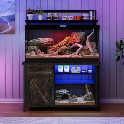 Reptile Tank Stand with Power Outlet, Terrarium Stand with Storage Cabinet, 49" X 20" Tabletop, Aquarium Stand with LED Lights, Reptile Terrarium,Turtle Tank (Oak) - color: Oak