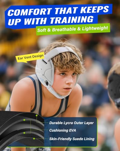 Trymaker Wrestling Headgear, Head Gear for Youth with Chin Cup & Pad - color: White Headgear & White Strap