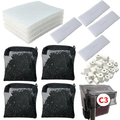 2 Aquarium Filter Media Kits Compatible with Fluval C3 (50 Gal) Aquarium Power Filter, Includes 4 Sponge Pads, 4 Tarpaulins, 4 Activated Carbons, 1 Pack Ceramic Ring - size: C3 Series