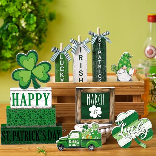 11 Pcs St. Patrick's Day Table Decorations Shamrocks Tiered Tray Home Decor Irish Centerpiece Decorative Wood Books Table Top Decor Clover Wooden Sign for Party Supplies - style: Shamrocks