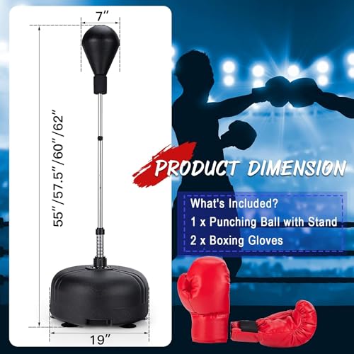 LDALY Punching Bag with Stand for Adults & Teens, Reflex Speed Bag with Gloves & 55”-62.5” Adjustable Height, Freestanding PU Boxing Bag for Home, Gym Workout Training, Stress Relief, Fitness - color: Black