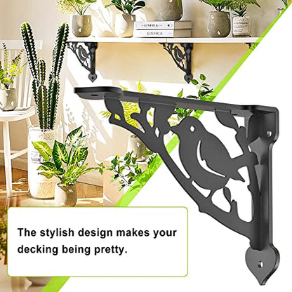 SELEWARE Heavy Duty Shelf Brackets 12 Inch, Bird Shelves Brackets, 300LB Capacity Decorative Metal L Brackets for Floating Shelves, Black Rustic Wall Mount Shelving Bracket with Screws, 2 Pack