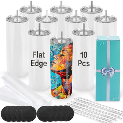 Joyclub Sublimation Tumblers 20 oz 10 Pack Flat Bottom Sublimation Blanks Bulk Stainless Steel Insulated Skinny Straight Cups with Lid and Straw, Gift Box - color: White 10 Pack-Flat Edge