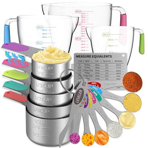 Magnetic Measuring Cups and Spoons Set, 5 Stainless Steel Measuring Cups, 7 Magnetic Measuring Spoons & 1 Leveler, 3 Plastic Measuring Cup with 1 Measuring Conversion Chart - color: Silver