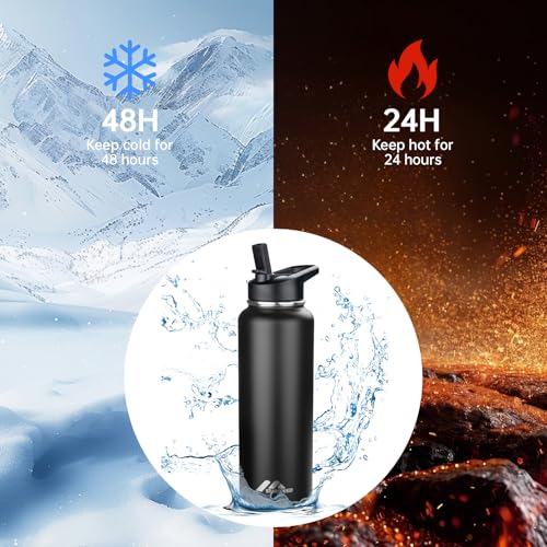 StarSpeed 40oz Insulated Water Bottle with Straws & 2 Lids,Black - color: Black, size: 40 Ounces