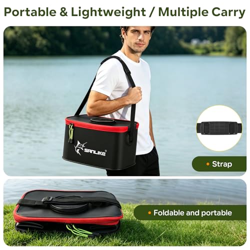 SANLIKE Foldable Live Fish Bucket, EVA Fishing Bait Bucket, 35/40/45CM Collapsible Fish Container, Leakproof Livewell for Kayak Boat Bank Fishing, Black/Army Green - color: Black-35cm