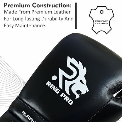 Aura 100 Full Grain Leather Lace Up Boxing Gloves for Men & Women – Professional Training, Sparring, Competition, Muay Thai, Kickboxing & Heavy Bag Gloves - color: Black, size: 10 OZ