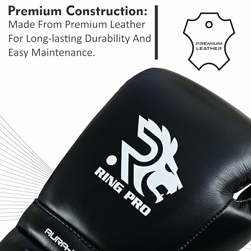Aura 100 Full Grain Leather Lace Up Boxing Gloves for Men & Women – Professional Training, Sparring, Competition, Muay Thai, Kickboxing & Heavy Bag Gloves - color: Black, size: 14 OZ