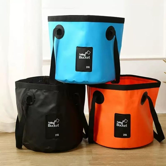 3 Pcs 20L (5-Gallon) Collapsible Bucket Set,Foldable PVC Bucket with Handles for Camping, Hiking, Fishing, Car Washing and Outdoors (Black, Orange, Blue)