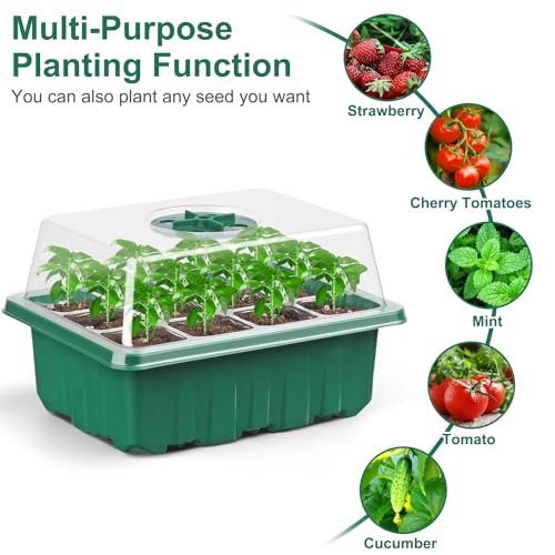12 Pack Seed Starter Tray Seed Starter Kit (144 Cells Total Tray) with Humidity Adjustable Dome, for Seeds Growing Starting Plant Germination Trays, Mini Green House Germination Trays.