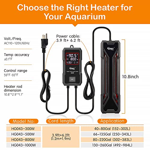 hygger Aquarium Heater 300W/500W/800W/1000W, Submersible Fish Tank Heater with Digital LED Controller and Intelligent Leaving Water Automatically Stop Heating System, for Freshwater and Saltwater