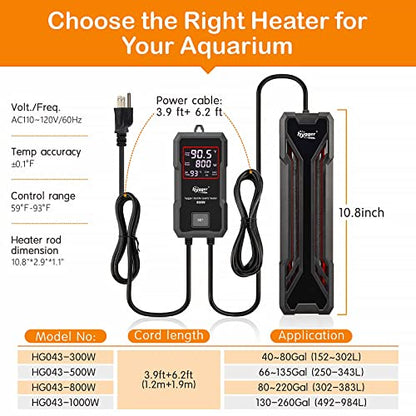 hygger Aquarium Heater 300W/500W/800W/1000W, Submersible Fish Tank Heater with Digital LED Controller and Intelligent Leaving Water Automatically Stop Heating System, for Freshwater and Saltwater