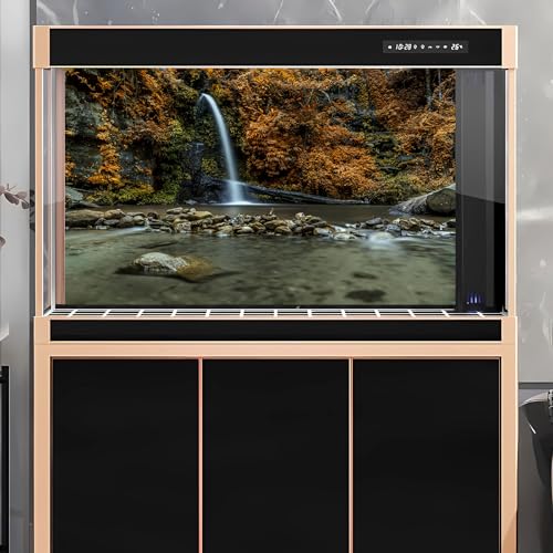 Waterfall Aquarium Background Natural Autumn Forest Yellow Leaves Landscape Terrarium Background Tranquil Lake Stream with Rocks Fish Tank Background Falls Theme Aquarium Backdrop Vinyl 30x12in - color: Brown, size: 30(W)x12(H)in