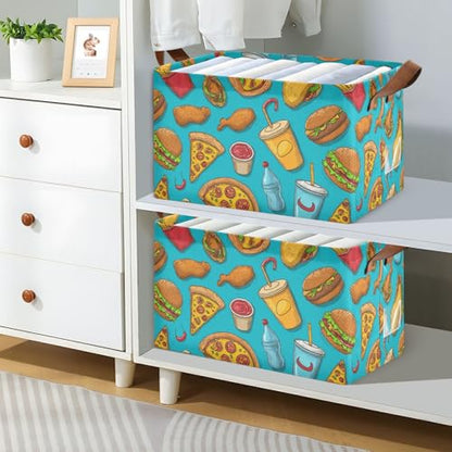 Ollabaky Collapsible Rectangular Closet Storage Bin Burger Fried Chicken Hot Dog Pizza Taco French Fries Shelf Basket Box with Leather Handles - Storage Cube, Nursery Storage, Laundry Hamper