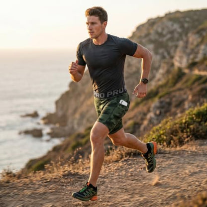 LANBAOSI Mens Compression Shorts with Phone Pocket Running Gym Yoga Athletic Tights Baselayer Summer Cool Dry Underwear Pack - color: Camo Green, size: Medium