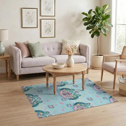 4'x6' Washable Kawaii Turtle Accent Rug, Teal Non-Shedding Small Carpet for Playroom, Bedroom, Reading Nook, Pet Friendly & Kids Safe Play Mat | Ref:1955471 - color: Blue/Pattern 1, size: 4' x 6' (Rectangular)