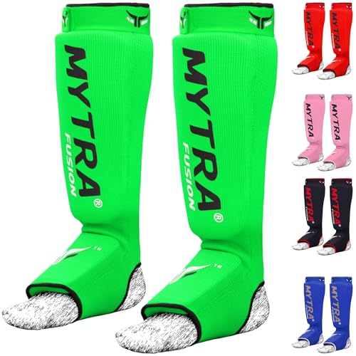 Mytra Fusion Shin Pads Instep Protector Kick Boxing Muay Thai Training Elasticated shin Guards - color: Green, size: Small-Medium