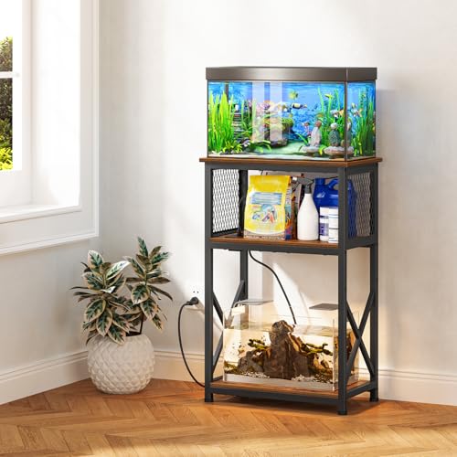 Snughome 10 Gallon Fish Tank Stand with Power Outlets, Aquarium Stand with Storage, 3 Tier Heavy Metal Reptile Tank Stand Fish Tank Shelf 20.47" x 11.42" x 30.91", Rustic Brown - color: Brown With Outlet, size: 10 Gallon