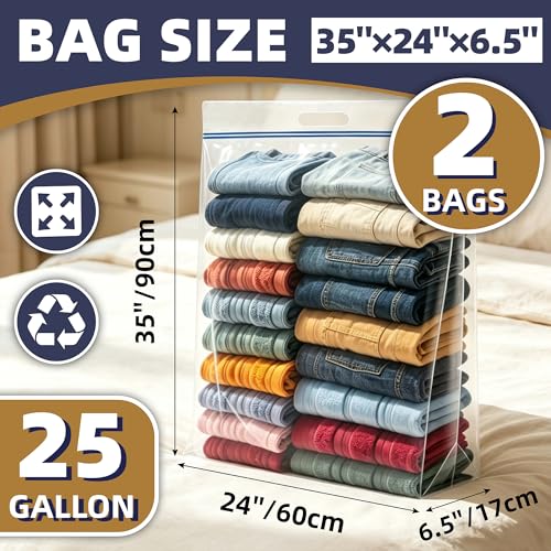 25 Gallon Large Storage Bags, 4 Mil Thick Clear Heavy Duty Plastic Bags with Zipper and Handles, 2 Pack 24"x35" for Clothing, Pillows, Moving and Travel - size: 2 Jumbo