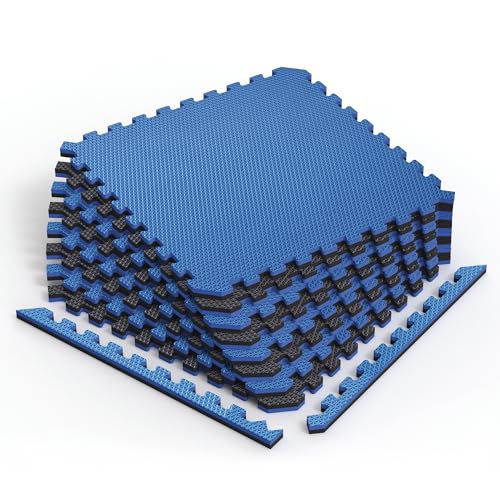 Reversible Gym Exercise Mats 3/4" Thick EVA Interlocking Foam Tiles, Perfect Gym Flooring for Home Gym, 8 Tiles & 16 Trim Pieces, 32 Sq. Ft. 24"x24" Dazzling Blue/Black - color: Dazzling Blue/Black, size: 8 Tiles - 32 Sq. Ft.