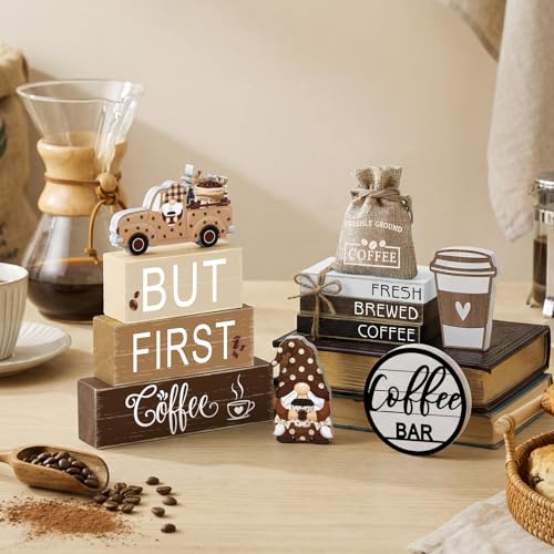11 Pcs Coffee Bars Table Decorations Coffee Tiered Tray Decor Farmhouse Table Centerpiece Wooden Books Home Tabletop Decor for Home Kitchen - style: Coffee