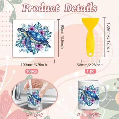 Peacoblue 18 Sheets Rub on Transfers for Crafts, Blue Sea Turtle with Coral Flowers 3.6"x3.9" UV DTF Cup Wraps Waterproof Cold Transfers Stickers for Glass Metal Cup Tumblers Mirrors Mugs Home Decor - style: Blue Sea Turtle with Coral Flowers