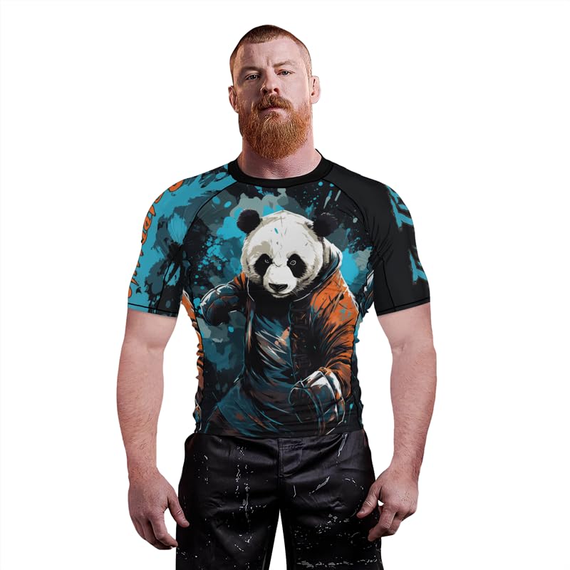 Panda Fighter Men's Short Sleeve Compression Rash Guard MMA Jiu Jitsu BJJ Grappling Base Layer Combat Shirt - color: V3, size: X-Small