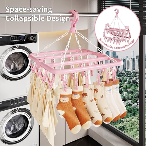 Laundry Drying Rack with 32 Clips, Foldable, Light Pink - color: Light Pink
