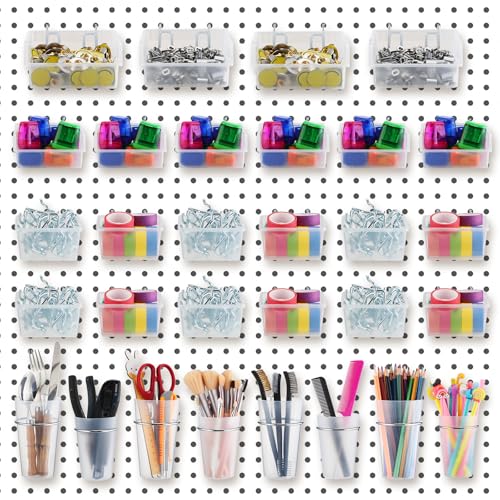 60 Pcs Pegboard Cups Pegboard Bins Set, Wall Organizer with Hooks and Loops, Hooks Assortment Organizer Accessory for Office Storage Garage Craft Workshop(Clear) - color: Clear