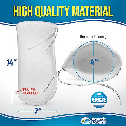 Aquatic Experts 200 Micron Drawstring Filter Socks – Ring-Free Design for Sumps, Saltwater & Freshwater Aquariums, Custom Made in USA (4" x 14", 4 Pack)