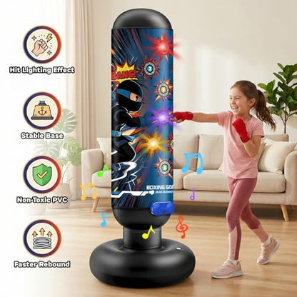Kids Inflatable Punching Bag Toy, 4 Modes Interactive Boxing Game Stand Set