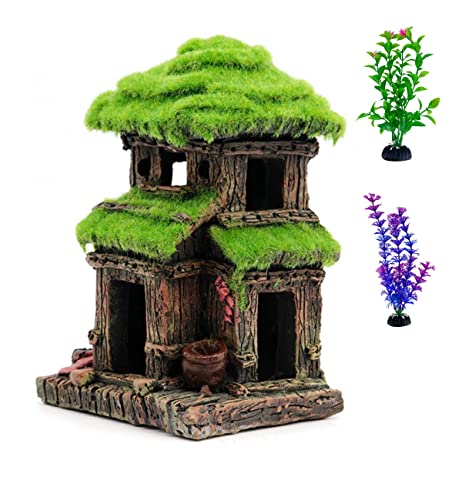 Fish House - Aquarium Decoration with Lifelike Moss, Comes with 2x Artificial Plants
