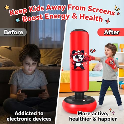 Qoosea Punching Bag for Kids 48in Dinosaur Toys Boxing Bag Set with Gloves - color: Dark Red