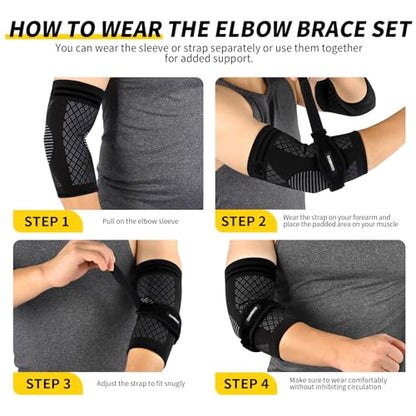 CAMBIVO 2 Elbow Sleeves and 1 Tennis Elbow Strap Set for Tendonitis Relief - color: Black(2Pcs Elbow Sleeve+1Pcs Elbow Strap), size: Medium