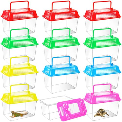 12Pcs Plastic Reptile Terrariums Carrier Cage, Tarantula Enclosure Snake Breeding Box Hatching Container Transparent Fish Tank Turtle Aquarium with Random Color Lid for Shrimp, S(5.9" x 3.5" x 4.3")